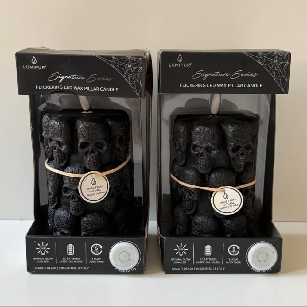 LumiPur Signature Flickering Black Flameless LED Wax Skulls Pillar 2 Candles